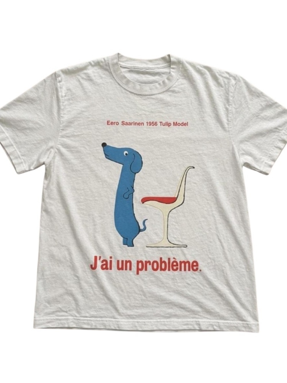 White Tee with Blue Dachshund and Red Text